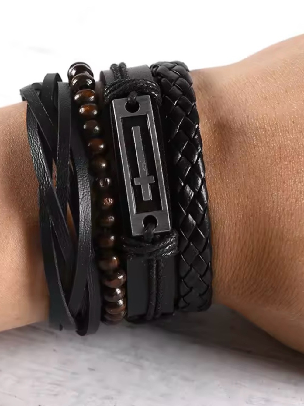 Men's cross Black Layered Leather & Bead Bracelet